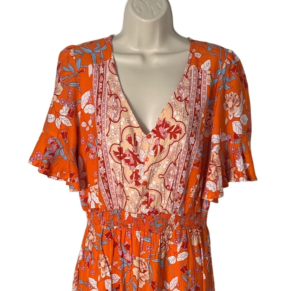 Lascana Orange Floral Boho Tiered V Neck Short Flutter Sleeve Mini Dress‎ 10 NWT - Picture 10 of 12